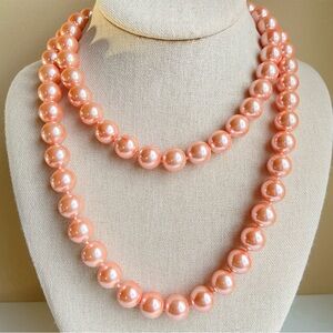 Pink glass faux pearls knotted long single strand necklace 38 inches and 12 mm